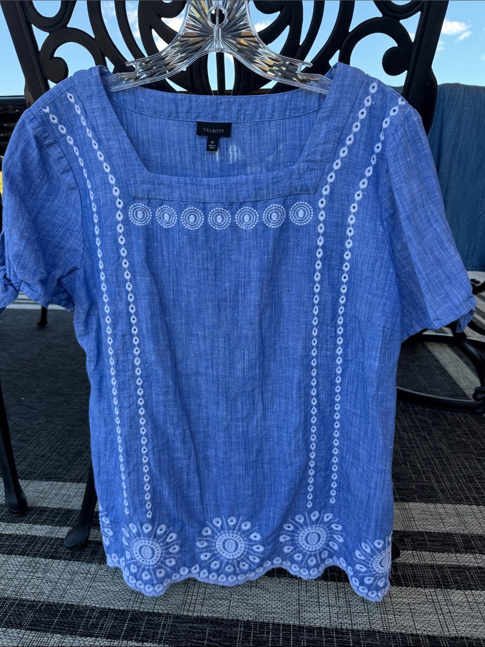 Talbots Blue Embroidered Square-Neck Tunic Top